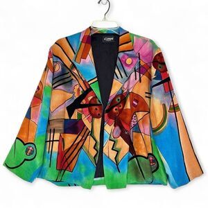 Vtg 90s Dilemma Dhun Schroff 100% Silk Abstract Cubism Art Wear Open Blazer OS